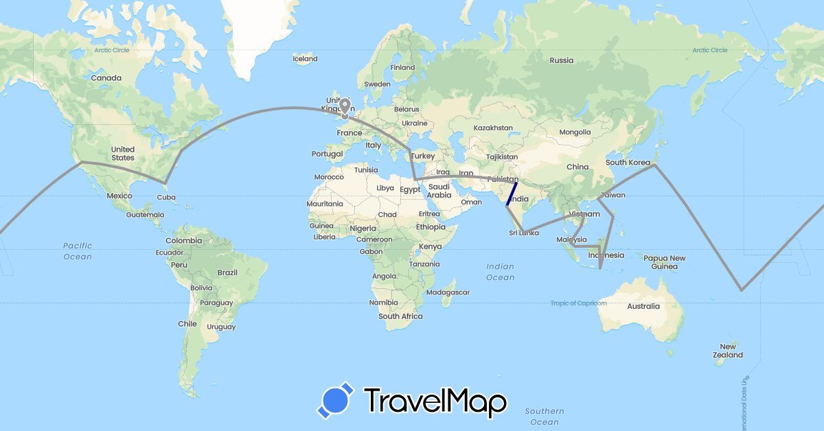 TravelMap itinerary: driving, plane in China, Egypt, Fiji, United Kingdom, Indonesia, India, Japan, Sri Lanka, Malaysia, Philippines, Singapore, Thailand, Turkey, United States, Vietnam (Africa, Asia, Europe, North America, Oceania)